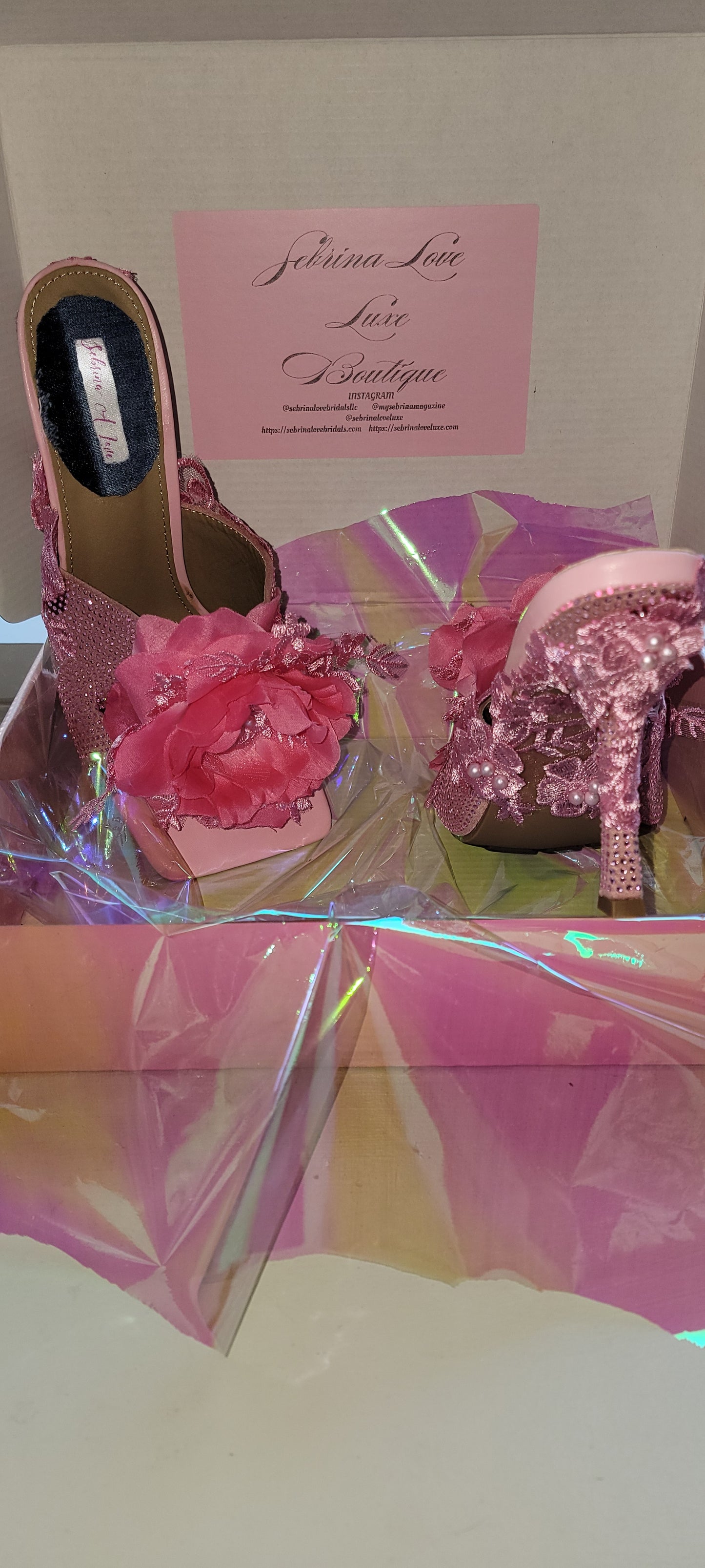 "VANJA" Pink Ice crystal & Rose Lace Mules