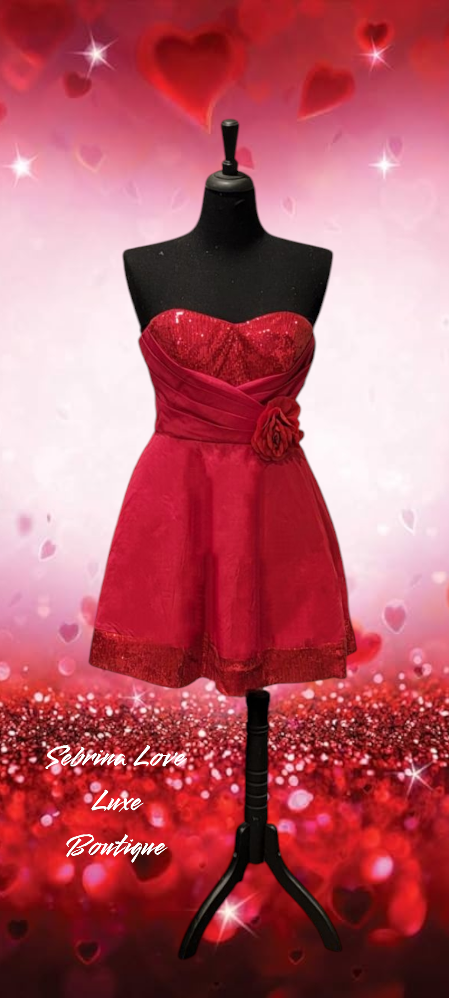 Red Strapless Sweetheart Sequin Taffeta Party Skater Dress