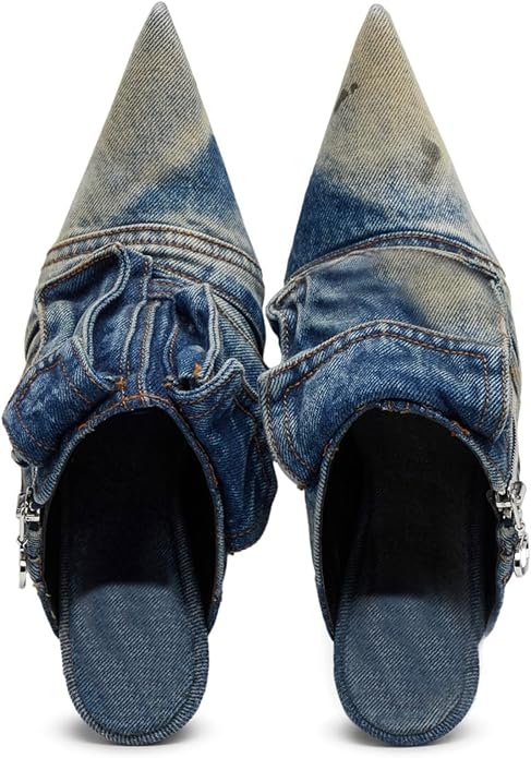 Chic Meduim Wash Distressed Denim Cargo Mule Heels