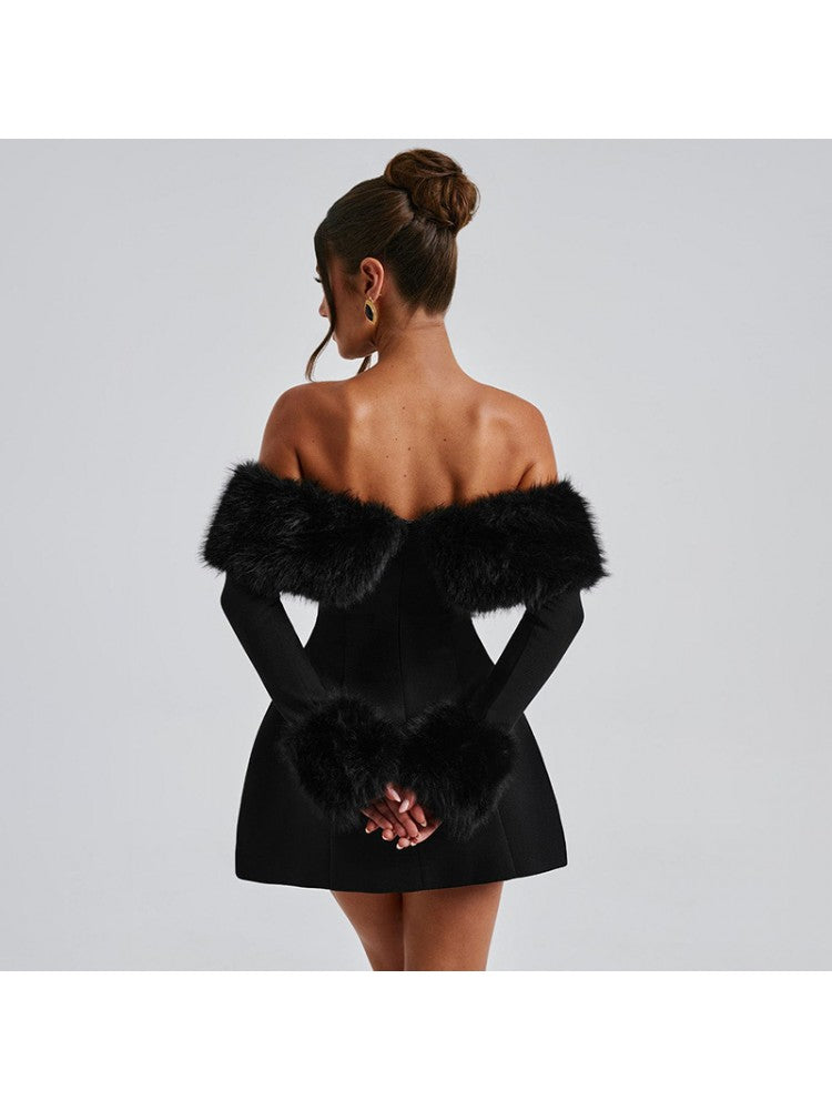 Sexy Black Fur Trim Bardot Off The Shoulder Skater Mini Dress