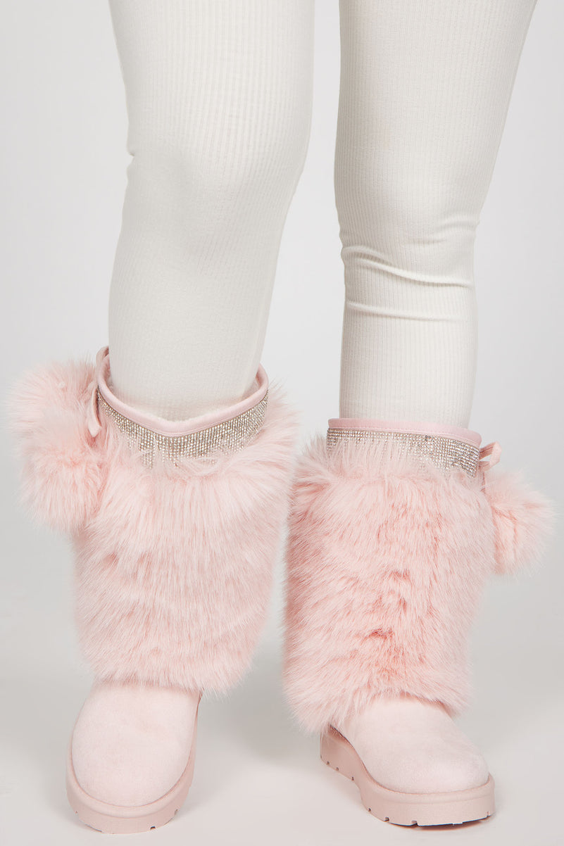 Light Pink Rhinestone Crystal Diamante Faux Fur Boots
