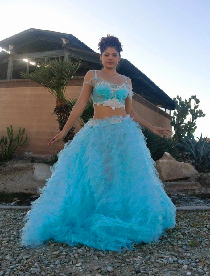 SAMPLE GOWN SET ONLY "MARINA" Turquoise & Silver Lace, Crystal & Tulle Wedding Ballgown Set