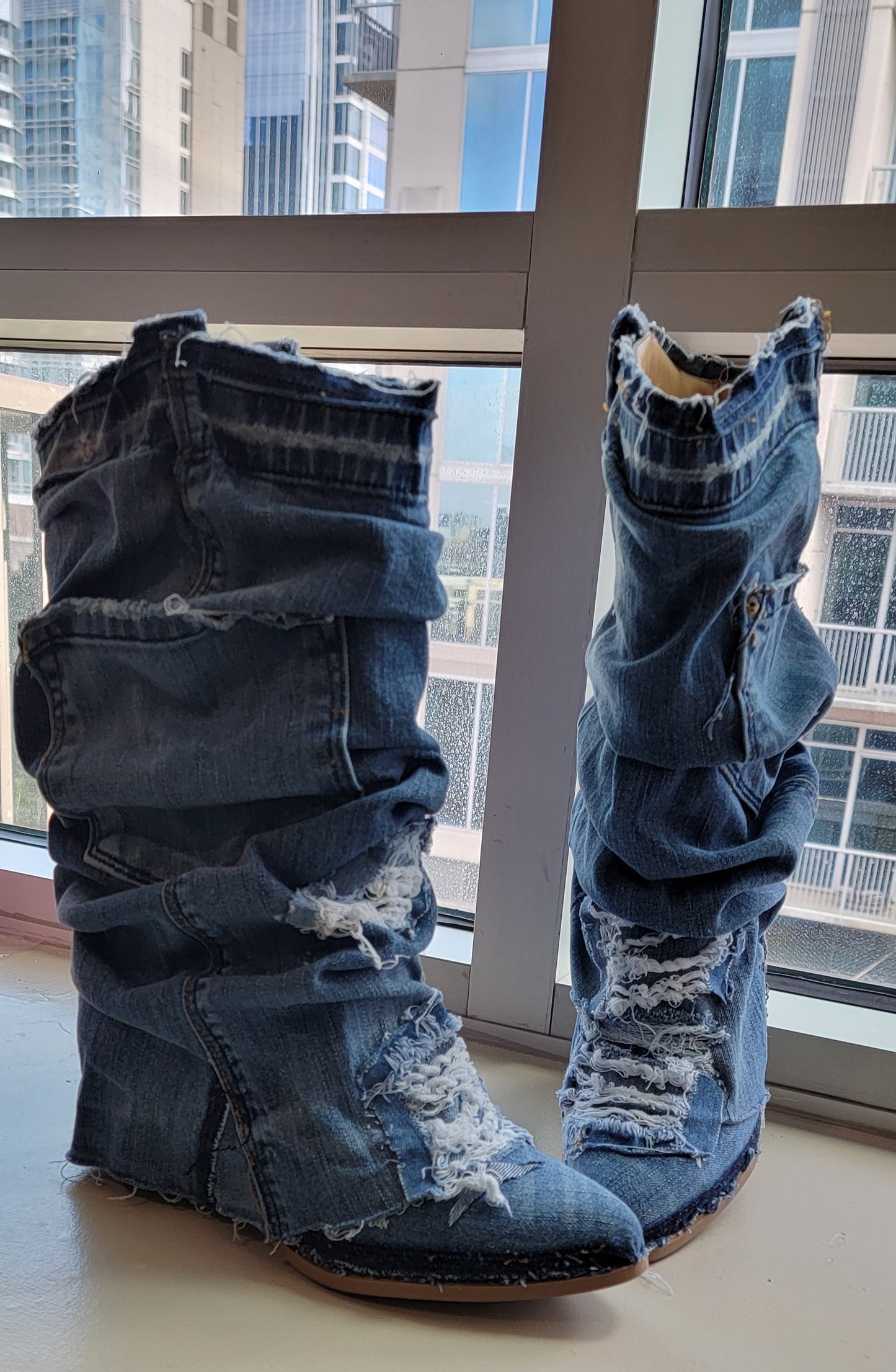 The "ARLOWE" Boho Distressed Denim Slouchy Western Boots