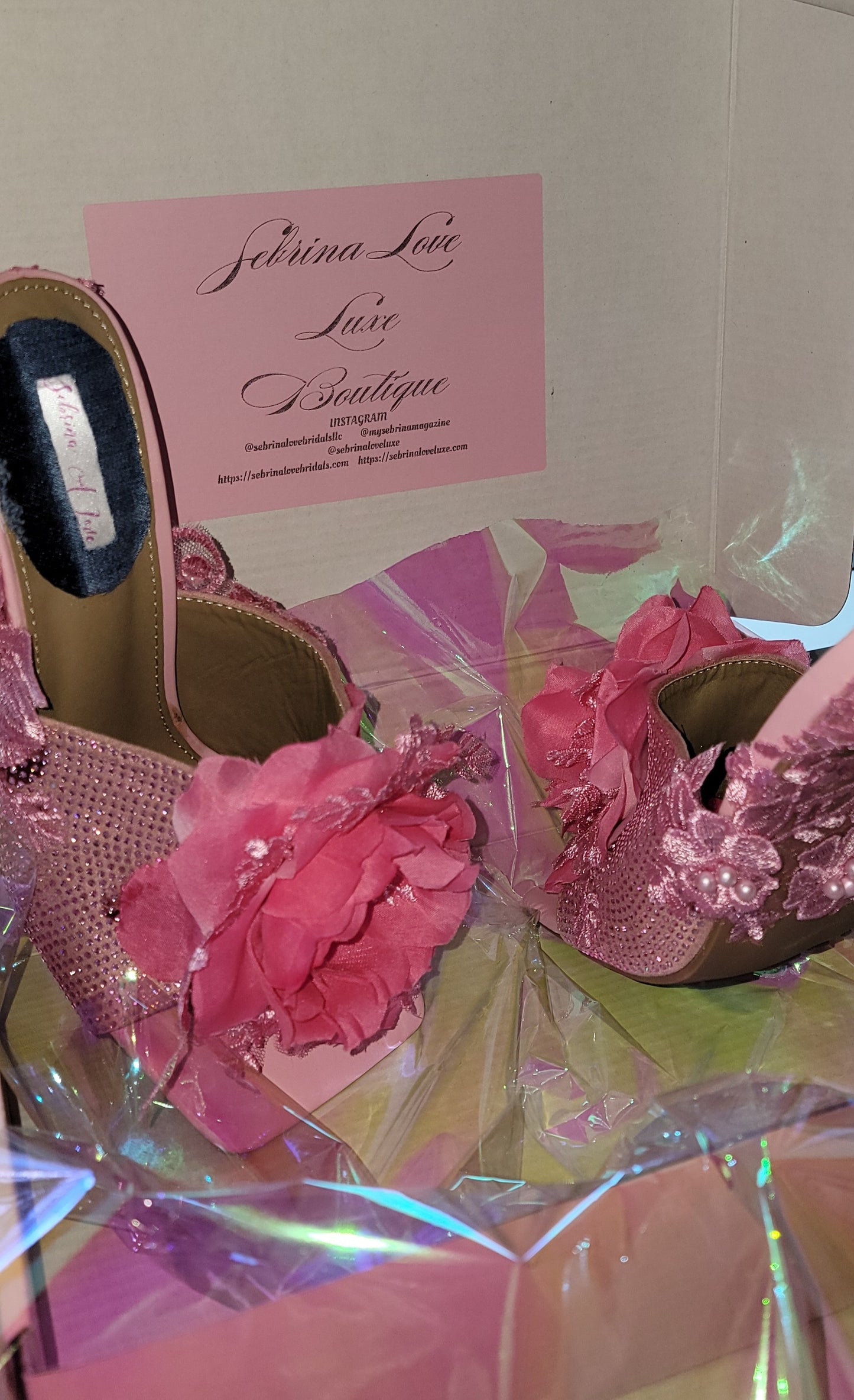 "VANJA" Pink Ice crystal & Rose Lace Mules