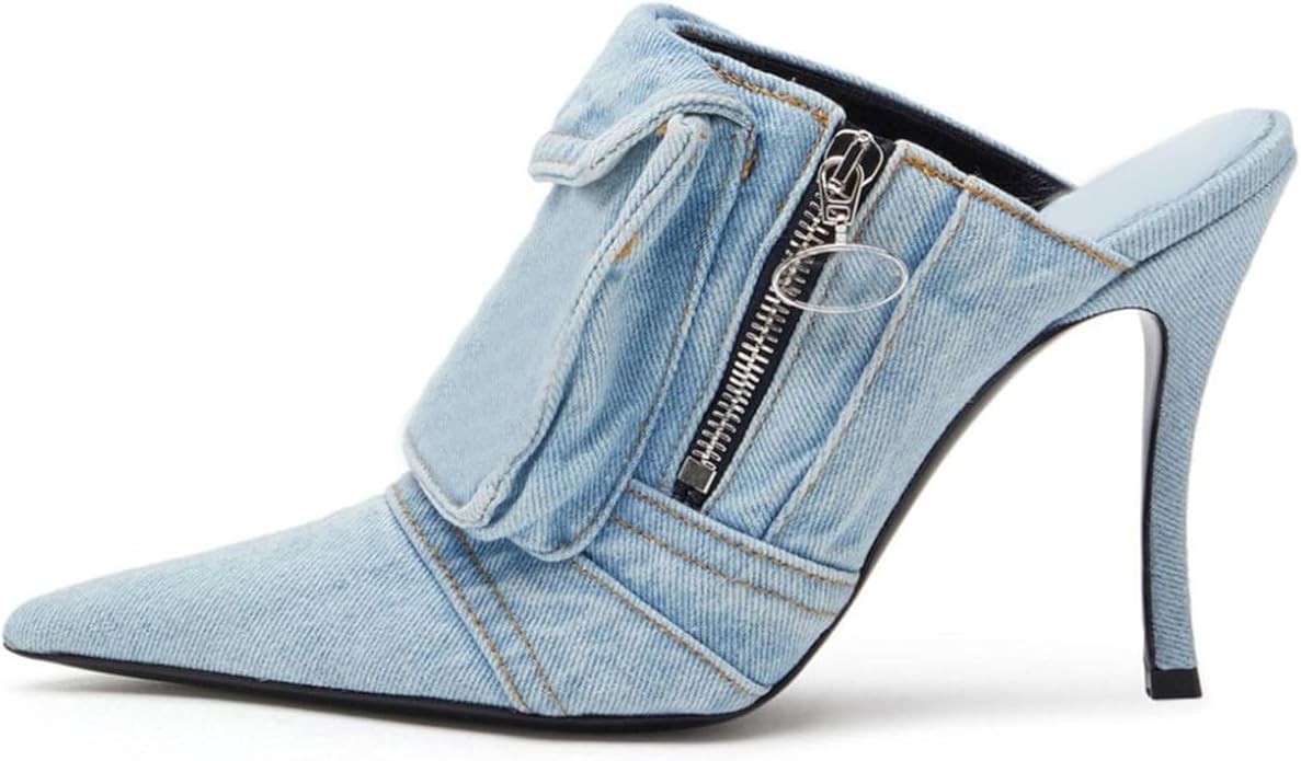 Chic Light Wash Distressed Denim Cargo Mule Heels
