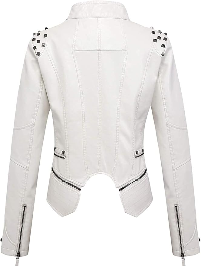 Edgy White Studded Faux Leather Rocker Biker Jacket
