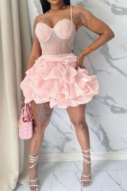 Sexy Pink Corset Ruffle Mini Dress