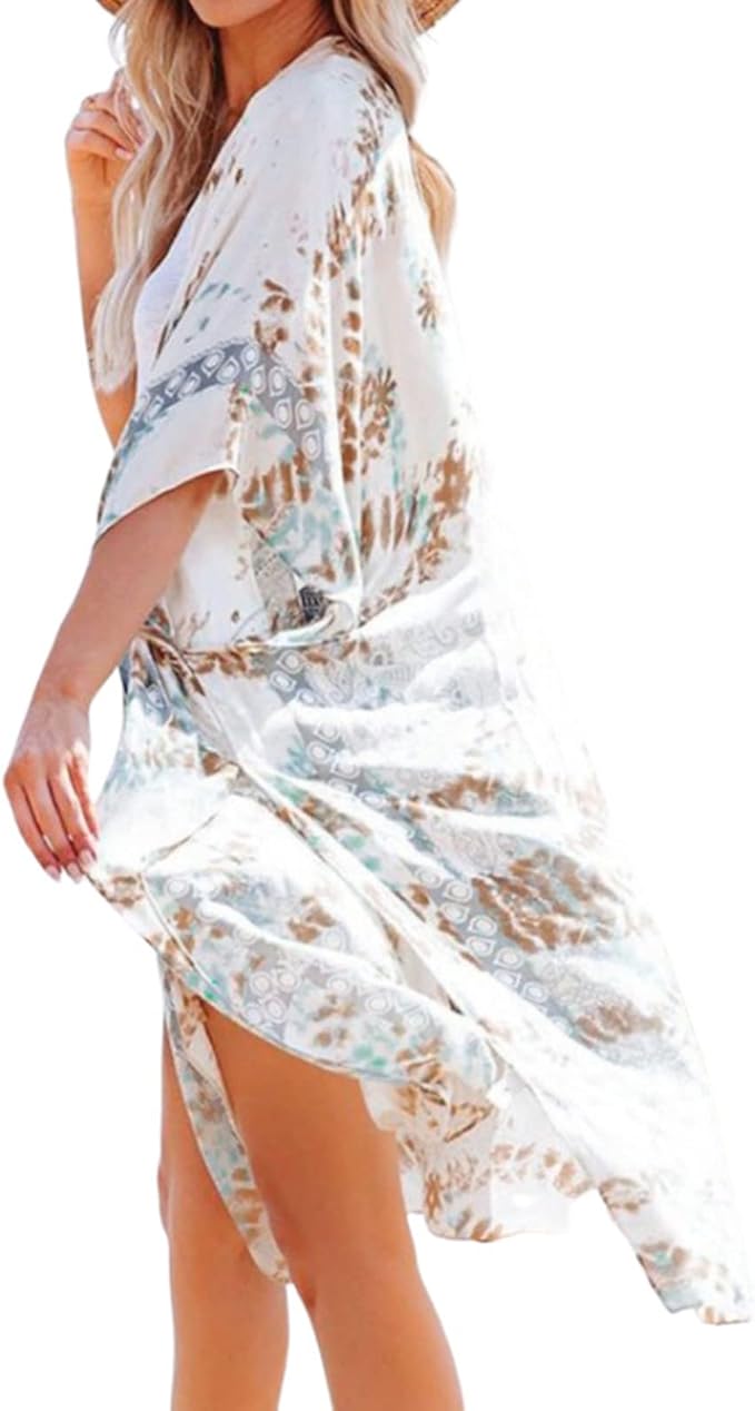 Exotic Boho Festival Tan Multicolor Tie Dye Print Kimono