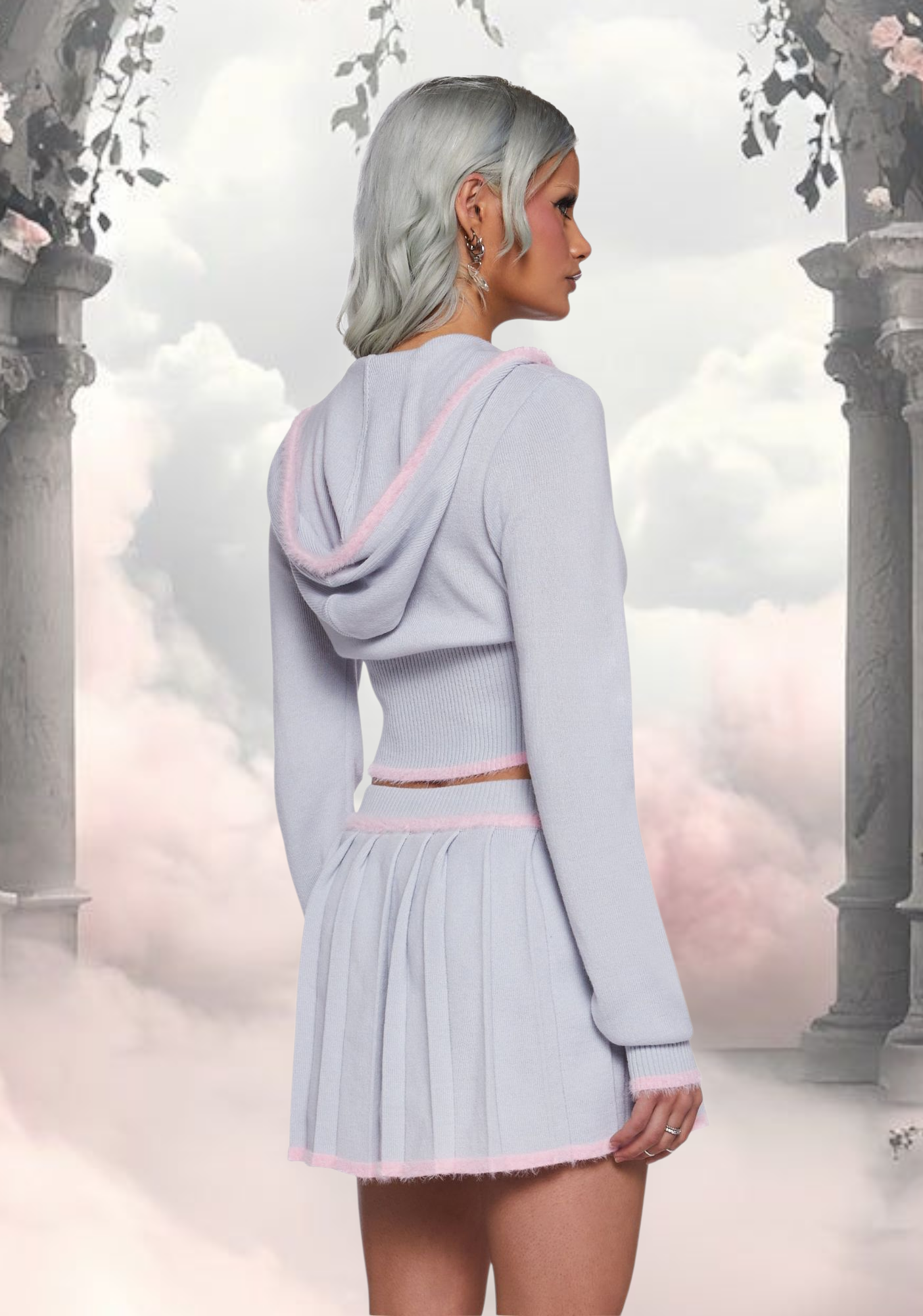 Cute Cozy Gray & Pink Cropped Sweater and Pleated Mini Skirt Set