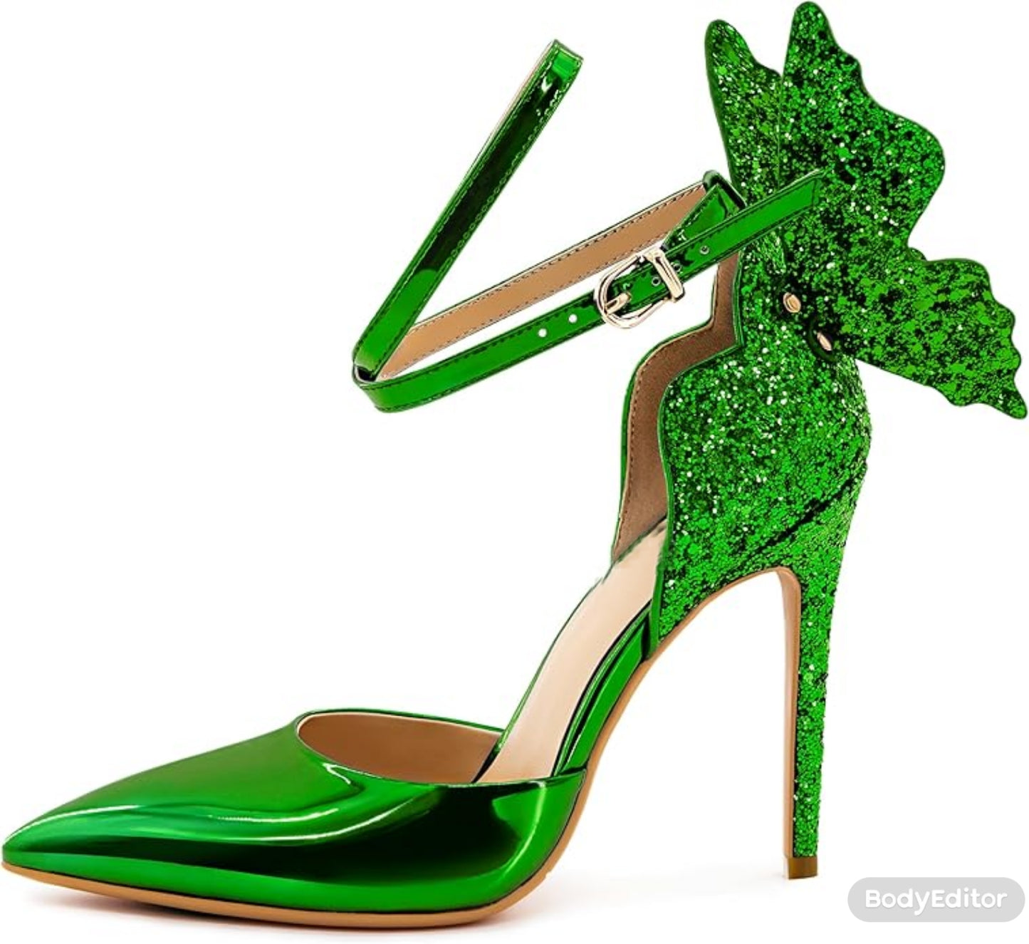 Ethereal Green Sparkling Butterfly Ankle Strap Heels