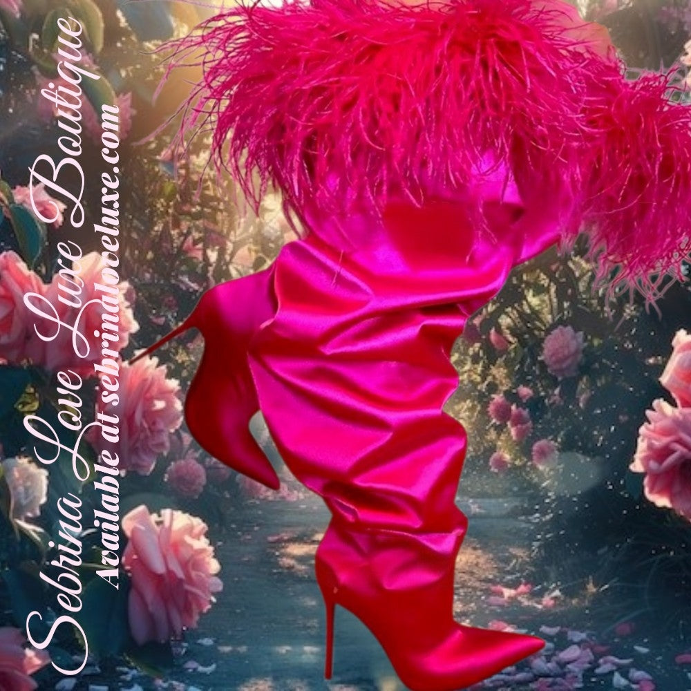 Sexy Hot Pink Satin Feather Trim Slouchy Thigh Boots