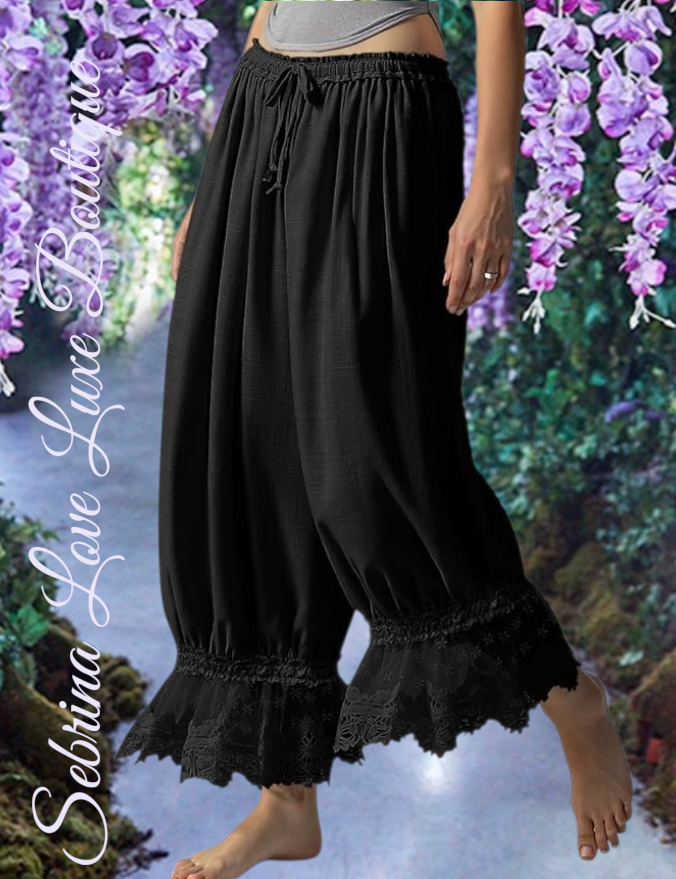 Romantic Victorian Inspired Black Boho Wide Leg Pantaloon Bloomer Harem Pants