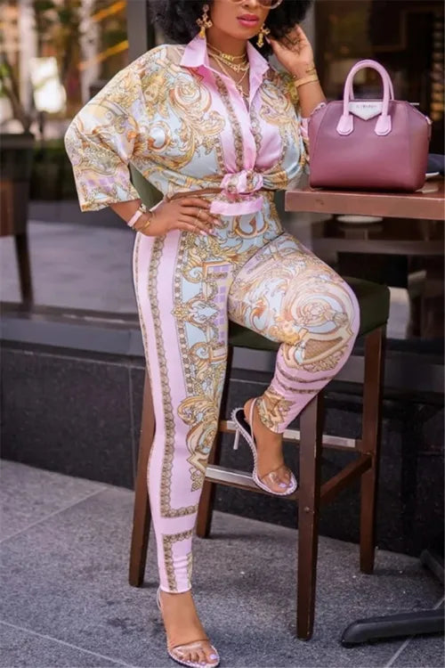Pink Pastel Multicolor Italian Print 2pc Pants & Top Set