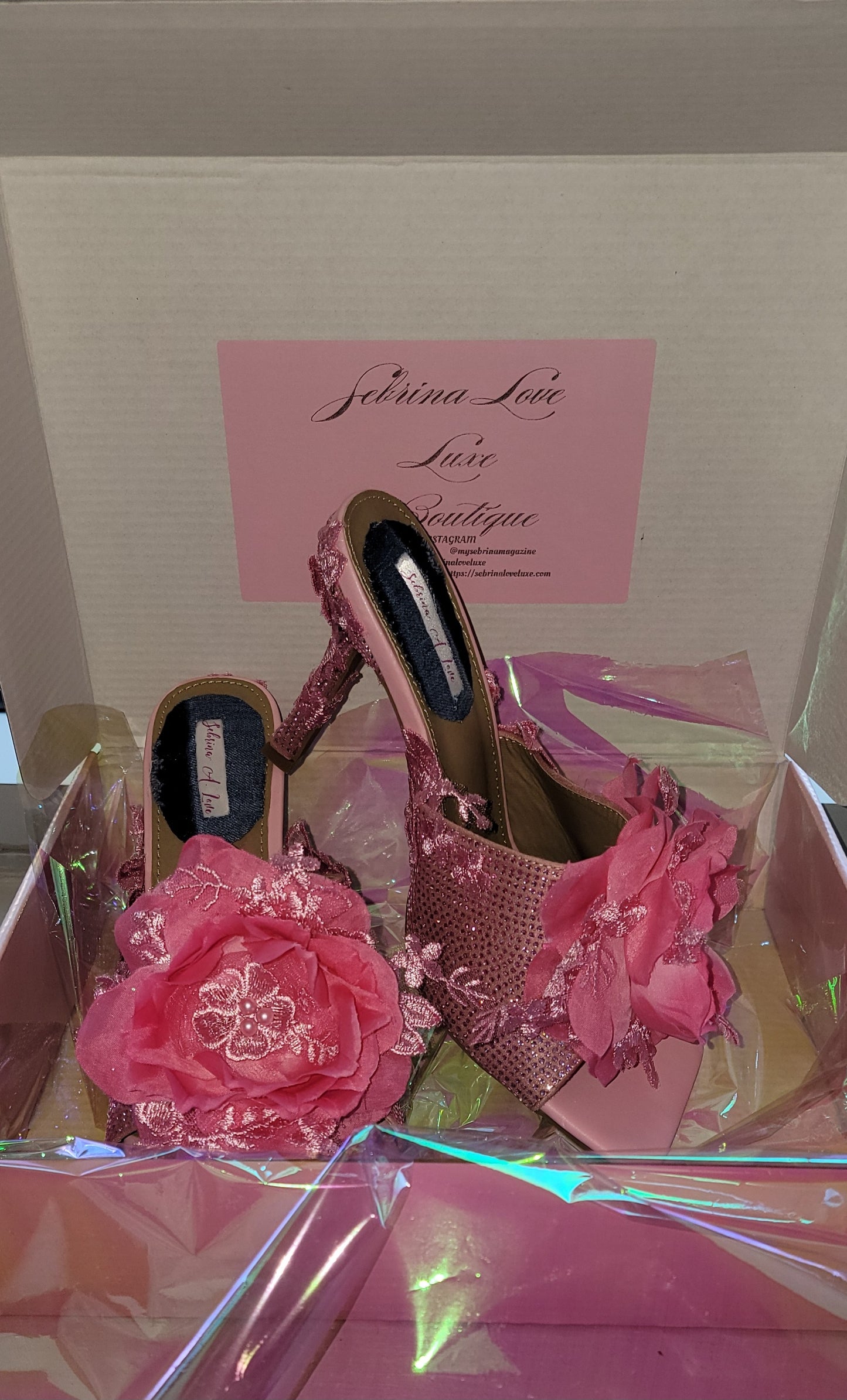 "VANJA" Pink Ice crystal & Rose Lace Mules