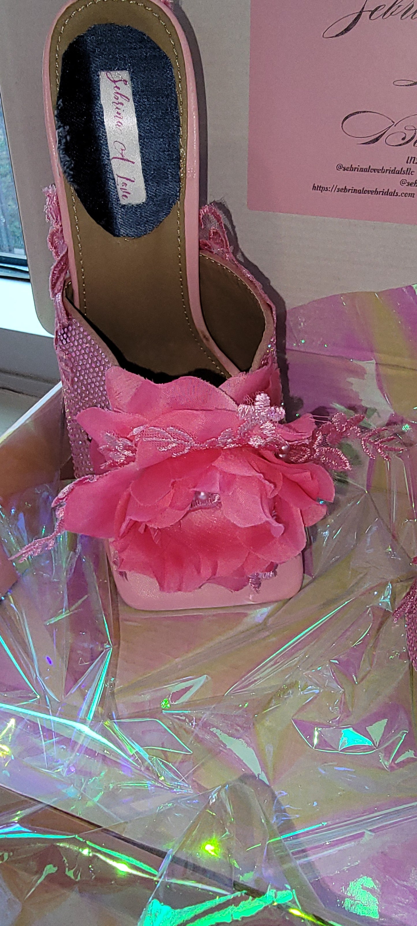 "VANJA" Pink Ice crystal & Rose Lace Mules