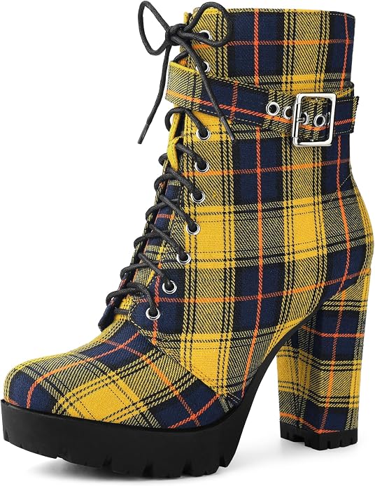 Collegecore Scottish Inspired Yellow & Navy Blue Tartan Plaid Round Toe Platform Combat Ankle Boots
