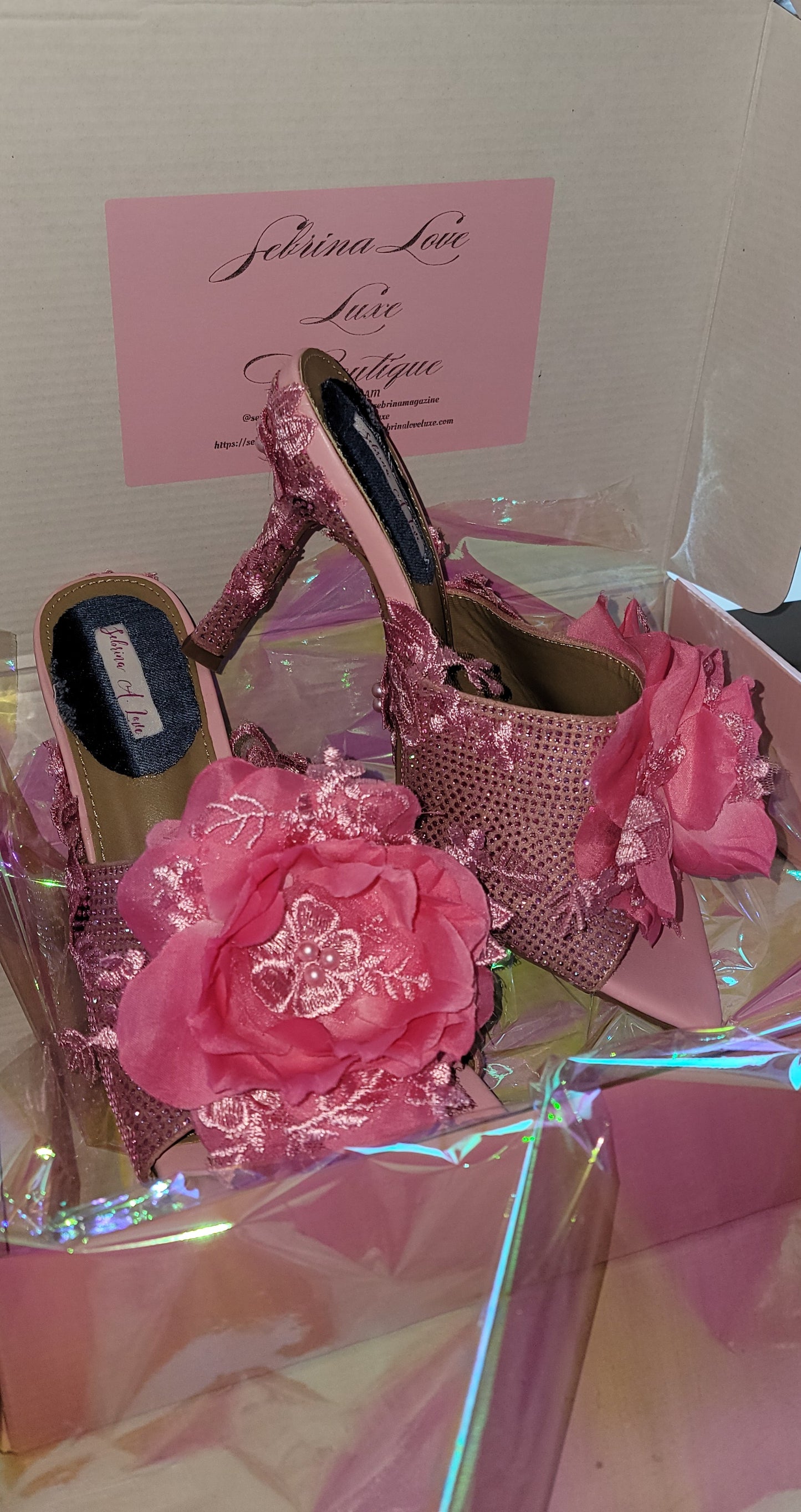 "VANJA" Pink Ice crystal & Rose Lace Mules