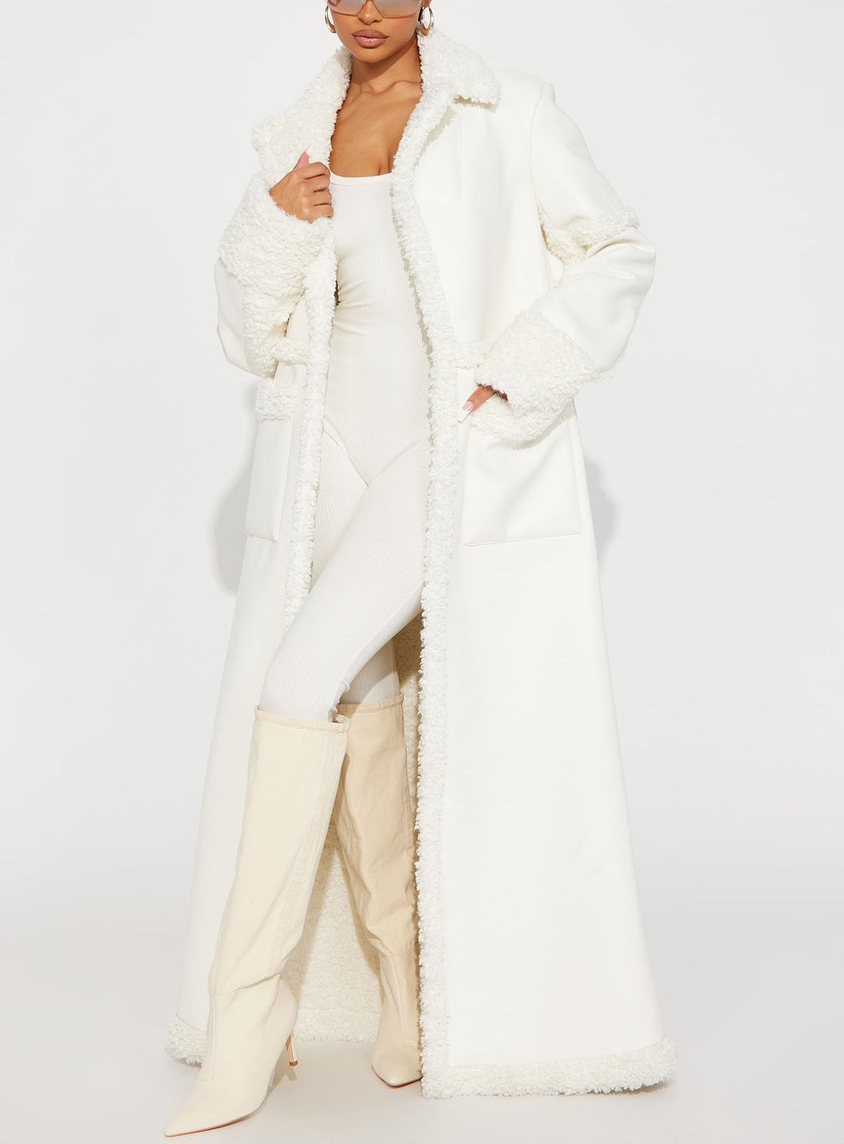 Luxe Ivory White Faux Leather Faux Shearling Trim Maxi Coat
