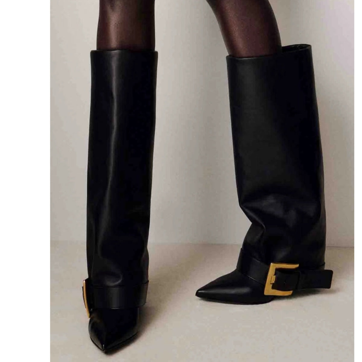 Sleek Black Foldover Buckle Detail Knee Boots