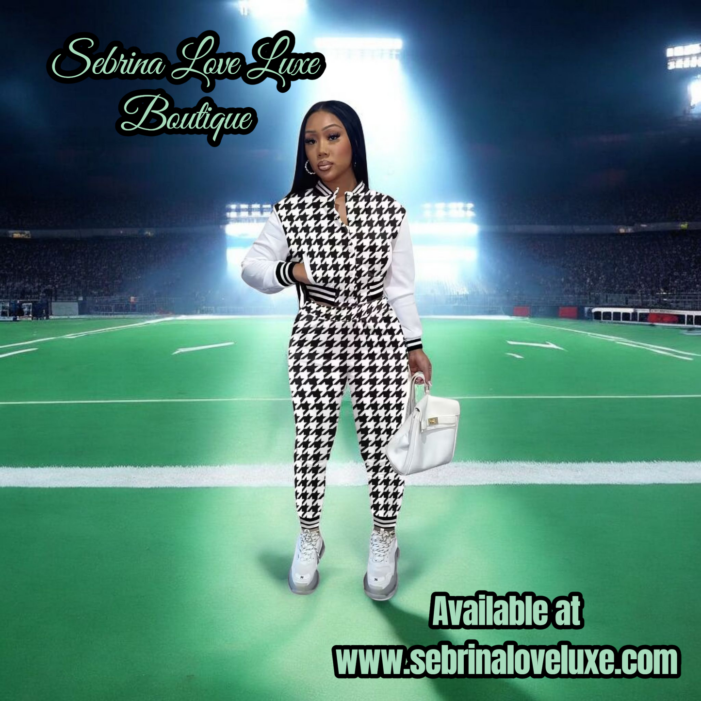 Black & White 2pc Houndstooth Check Print Jogger Set