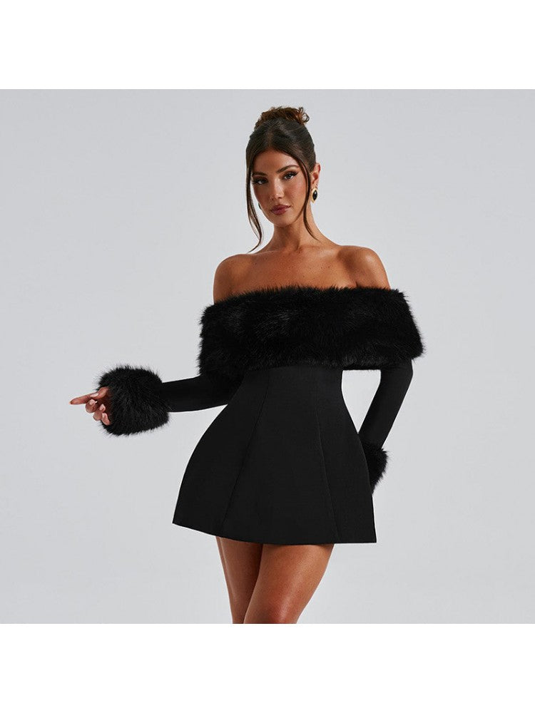 Sexy Black Fur Trim Bardot Off The Shoulder Skater Mini Dress