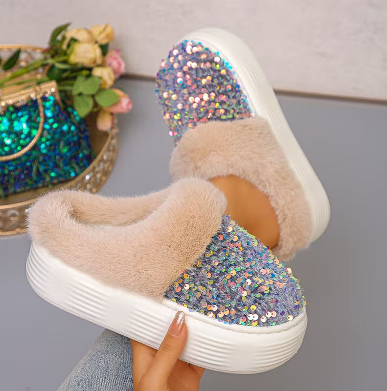 Stylish Iridescent Blue Sequin Blush Faux Fur Trim Winter Platform Slippers