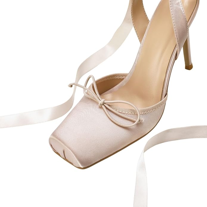 Elegant Romantic Nude Blush Satin Ribbon Ankle Tie Ballerina Heels