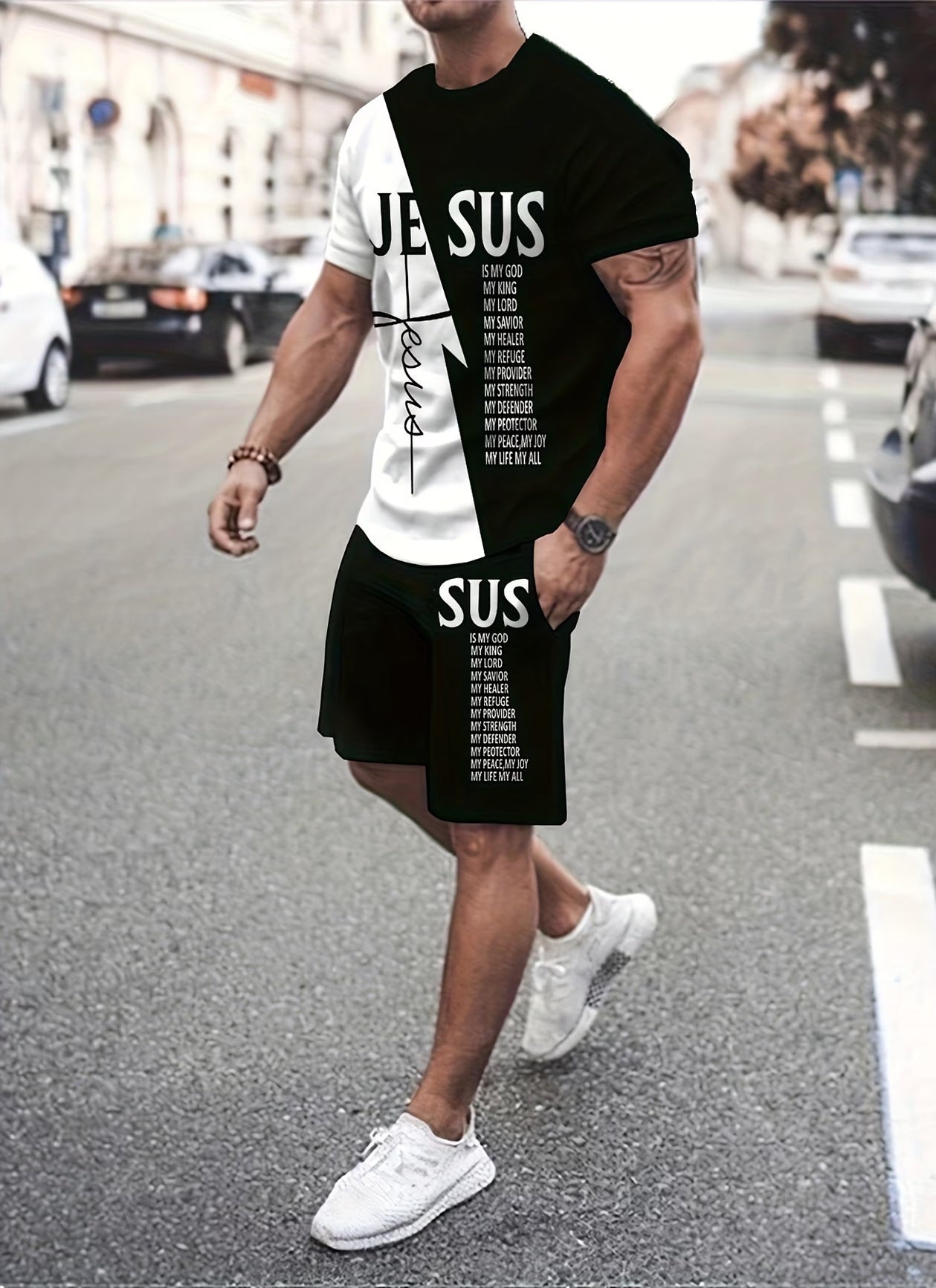 "JESUS" 2pc Graphic Tee Shirt & Shorts Set