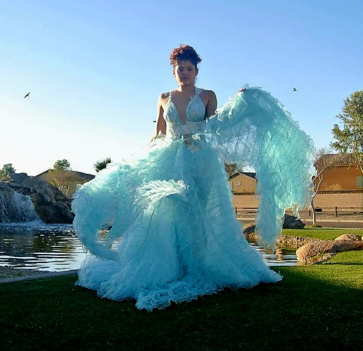 SAMPLE GOWN SET ONLY "ATLANTIS" Turquoise & Silver Lace, Crystal & Tulle Wedding Ballgown Set