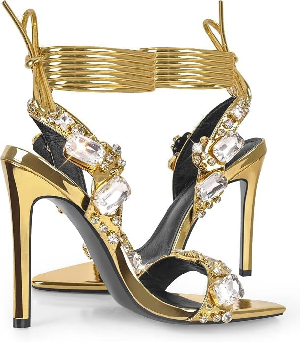 Luxe Gold Crystal Strappy Ankle Tie Heels