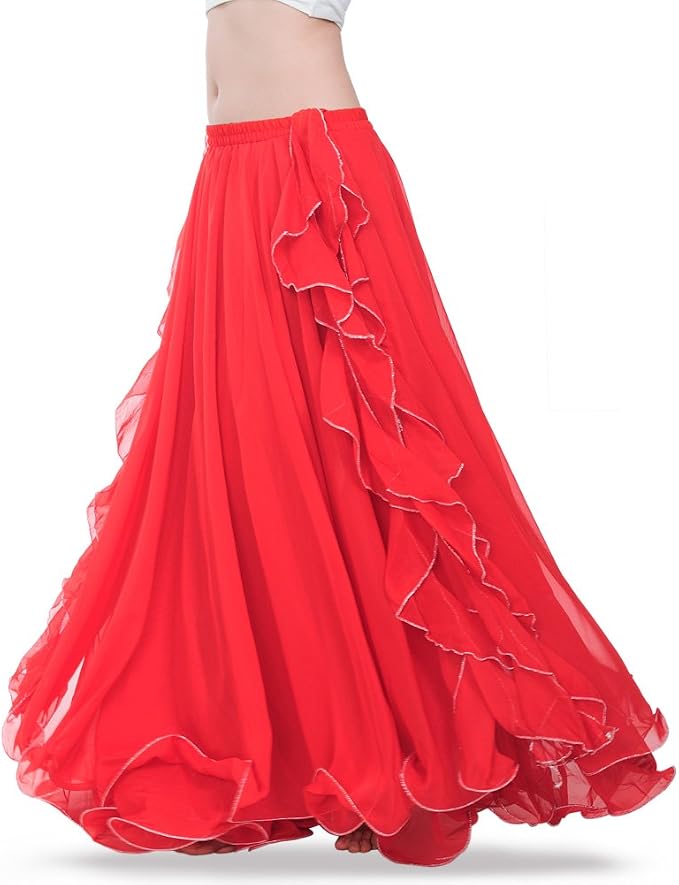 Exotic Red Chiffon Ruffled Gypsy Bellydance Maxi Skirt