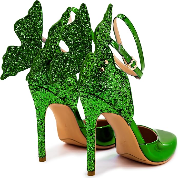 Ethereal Green Sparkling Butterfly Ankle Strap Heels