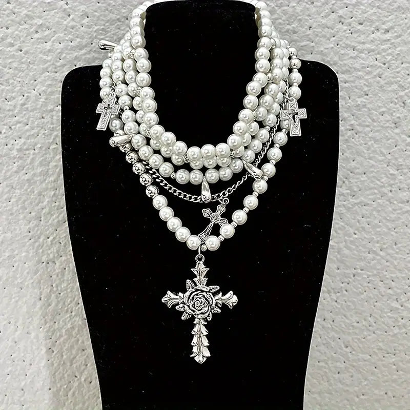 Romantic Medieval Multi-Strand Faux Pearl Rhinestone Cross Necklace