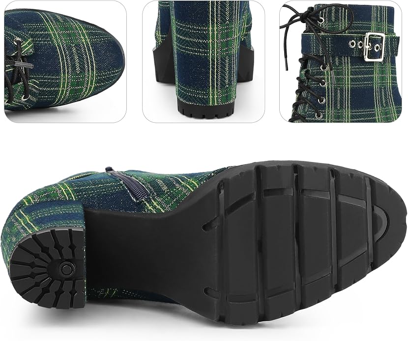 Collegecore Green & Navy Blue Tartan Plaid Round Toe Platform Combat Ankle Boots