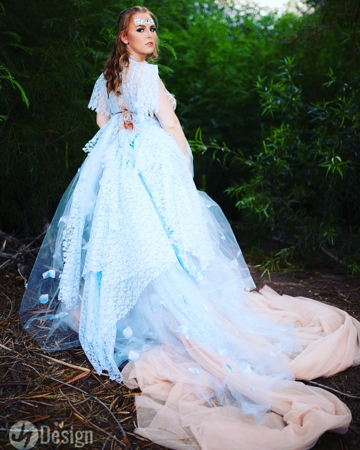 Sample Gown "MAURA" Blue & Blush Lace & Tulle Wedding Ballgown Set
