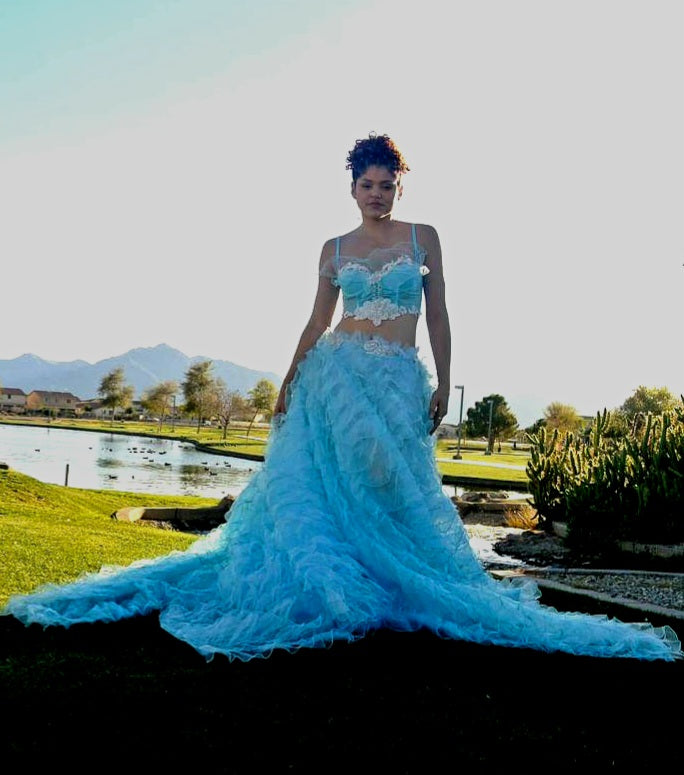 SAMPLE GOWN SET ONLY "MARINA" Turquoise & Silver Lace, Crystal & Tulle Wedding Ballgown Set