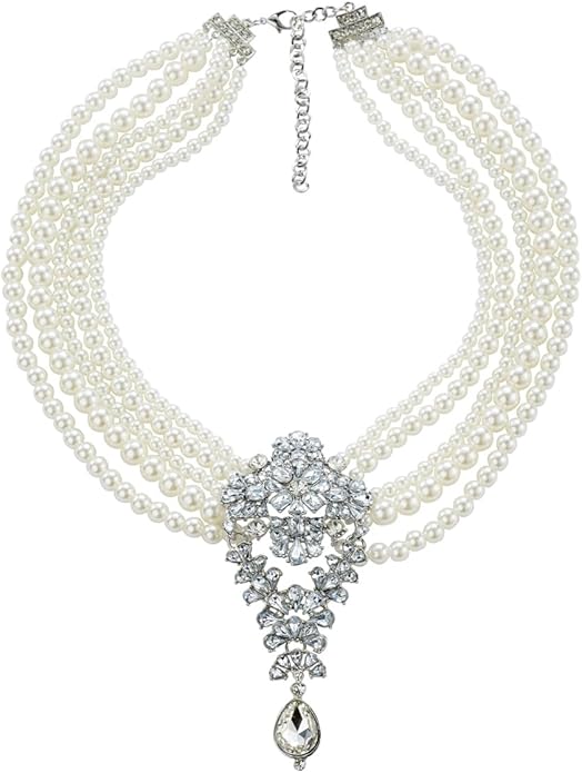 Elegant Multi-strand Faux Pearl Crystal Diamante Brooched Necklace