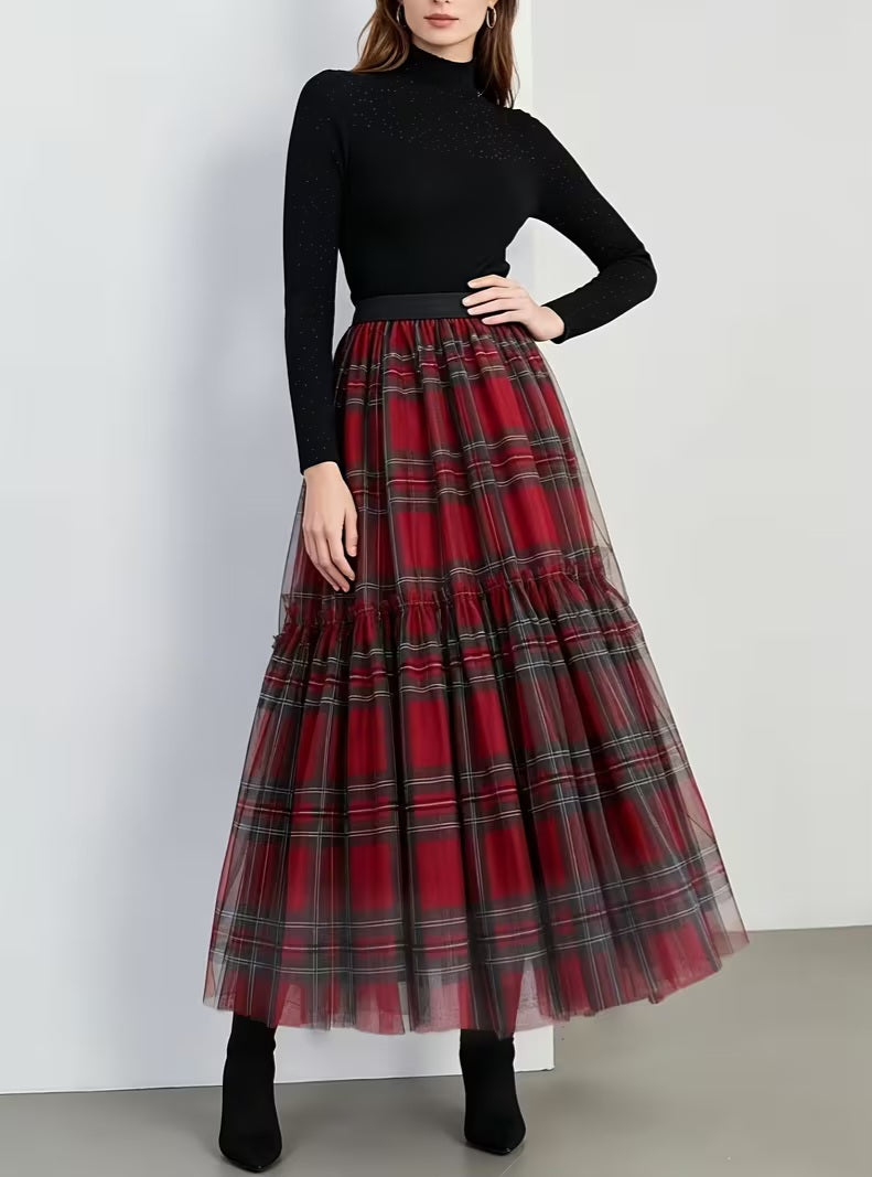 Gothic Flowy Red Plaid Tulle Tiered Midi/Maxi Skirt