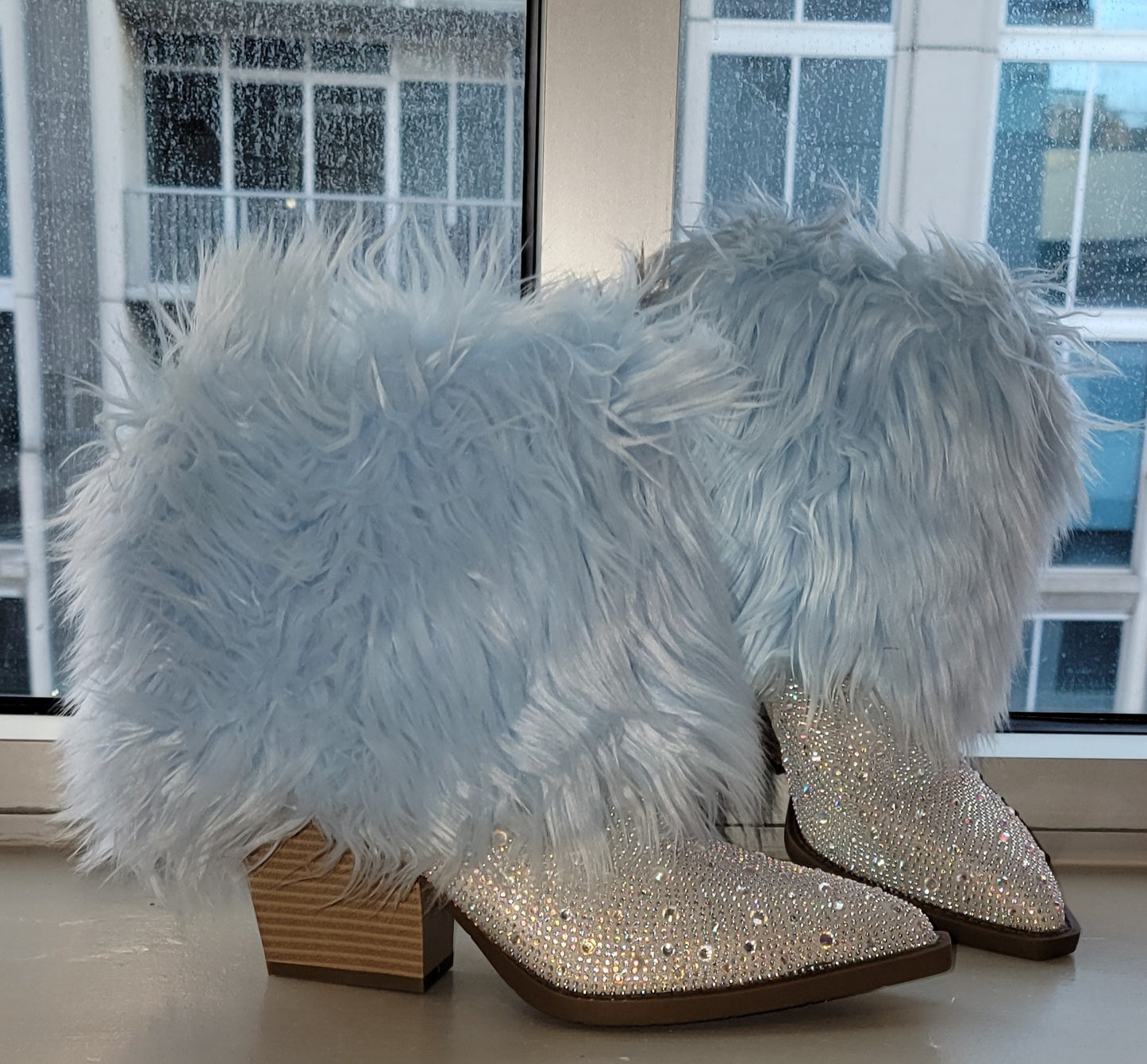 The "LANEY" Boho Festival Crystal Blue Fur Western Boots