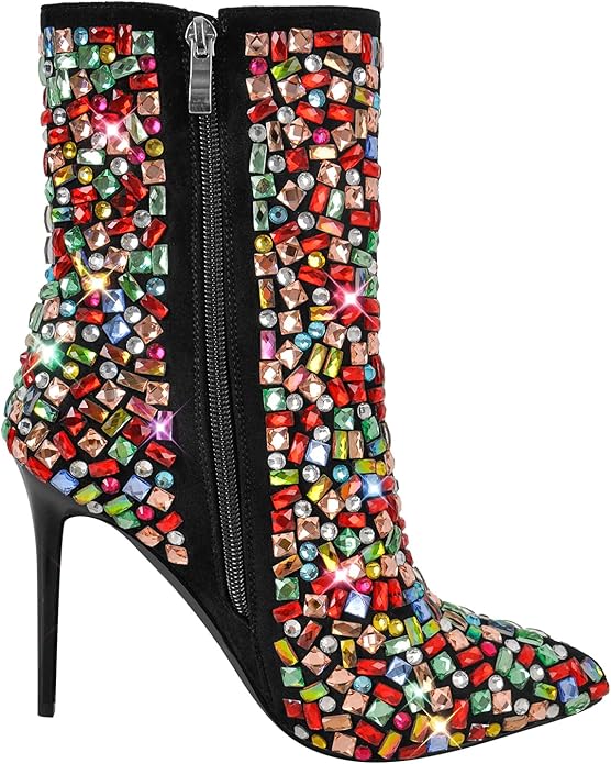 Beautiful Multicolor Mosaic Rhinestone Bejeweled Stiletto Ankle Boots
