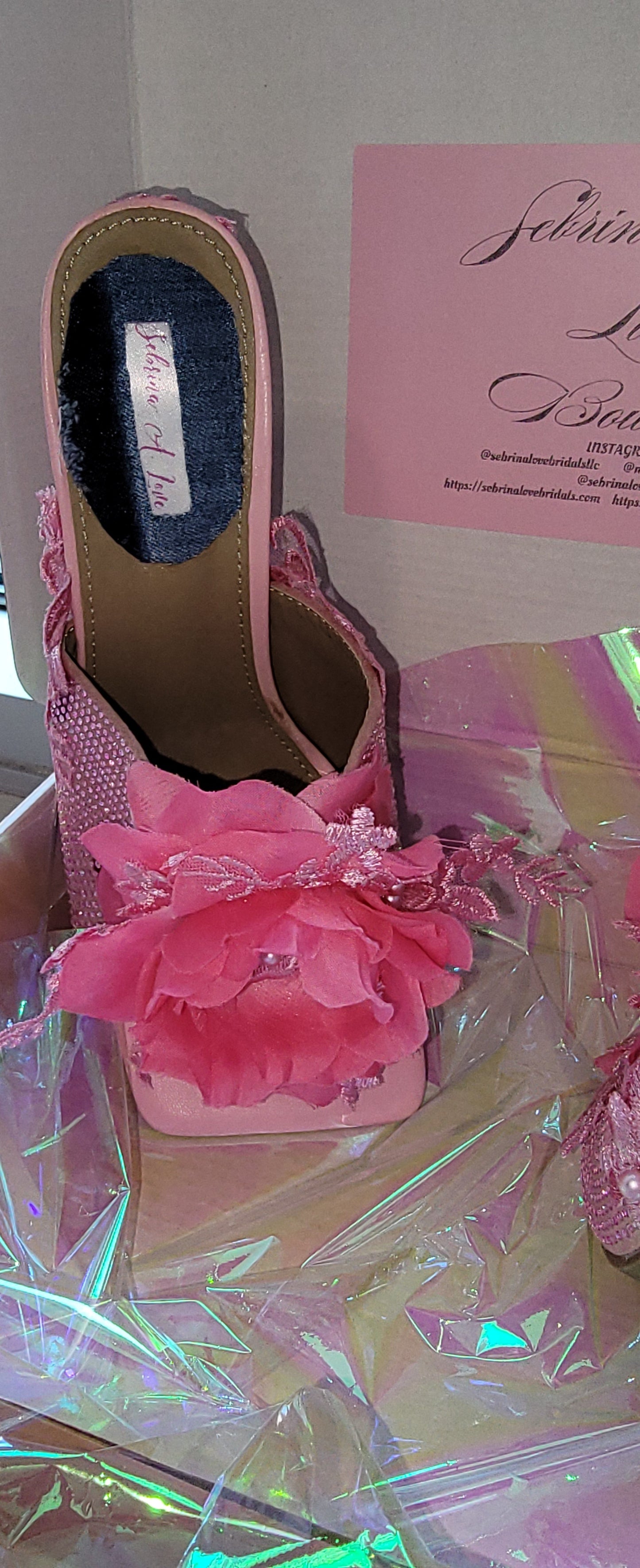 "VANJA" Pink Ice crystal & Rose Lace Mules