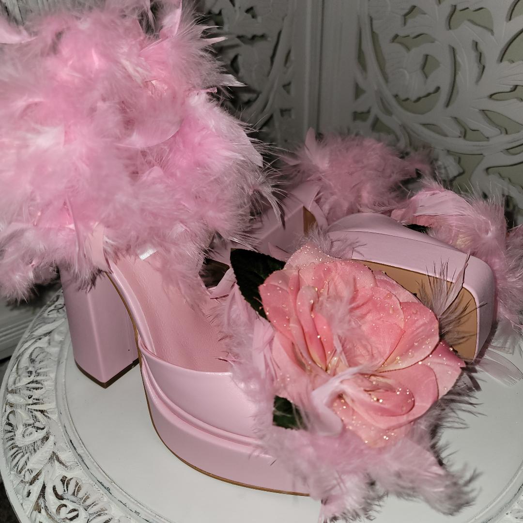 "GiGi" Pink Platform Ankle Strap Rose Feather Heels