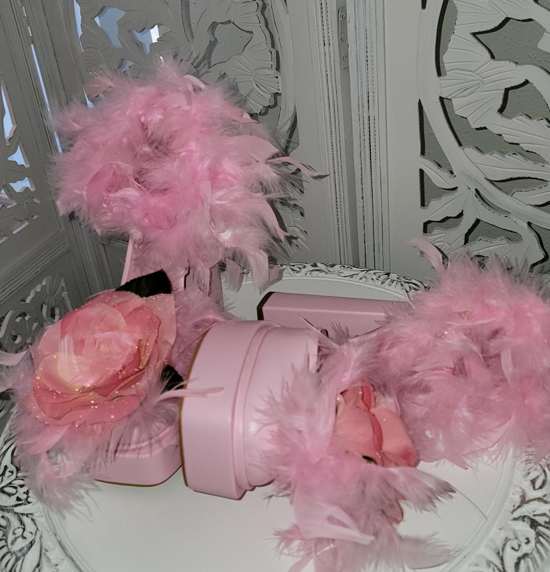 "GiGi" Pink Platform Ankle Strap Rose Feather Heels