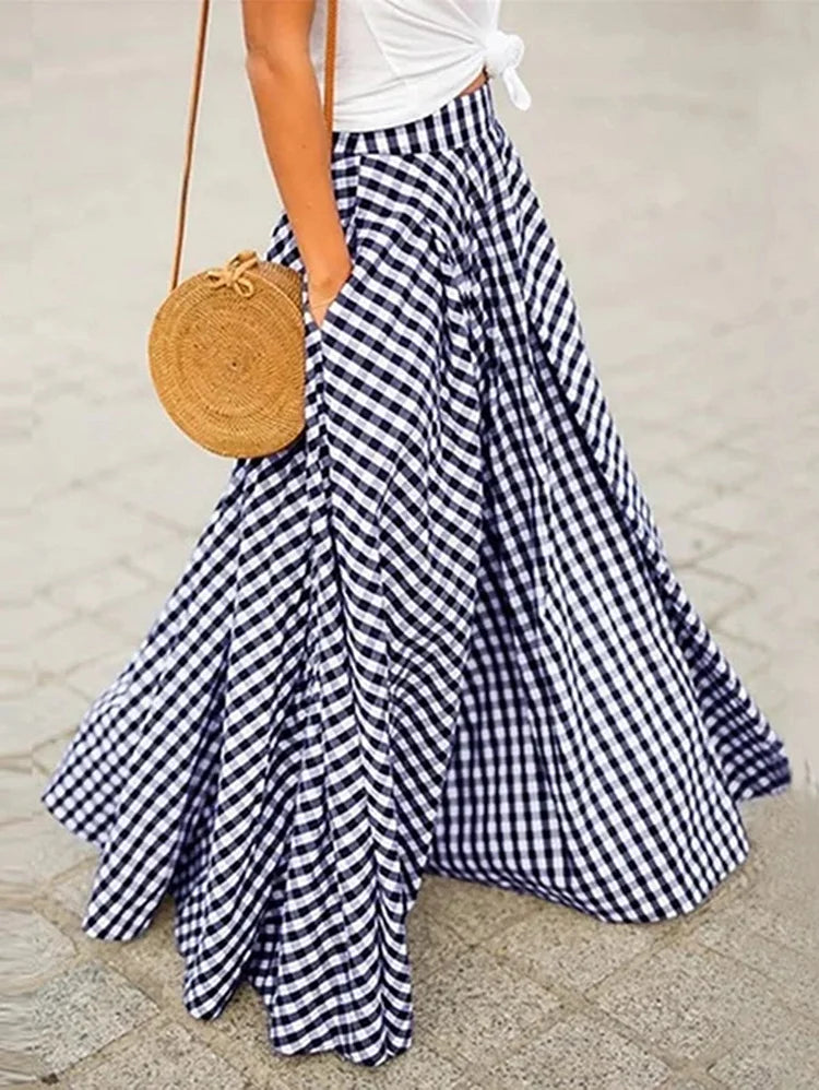 Romantic Black and White Flowy Gingham Check Maxi Skirt