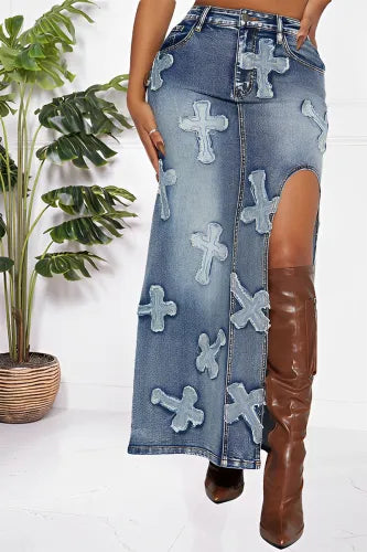 Sexy Denim Cross 2pc Jacket & Maxi Skirt Set