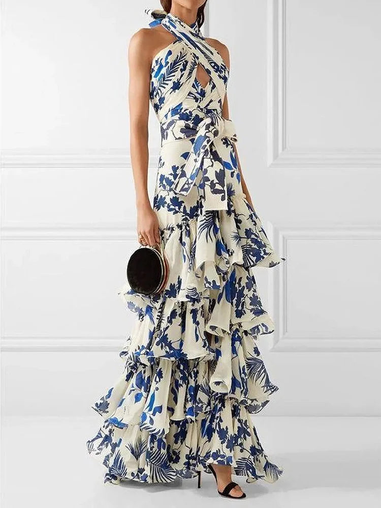 Romantic Boho Ivory & Blue Porcelain Print Ruffle Tier Maxi Dress