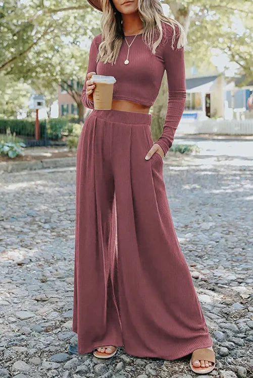 Boho Black 2pc Crop Top and Flowy Wide Leg Pants Set