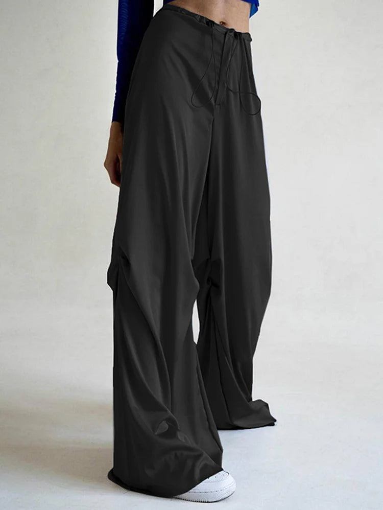 Grey Satin Loose Wide Leg Drawstring Pants