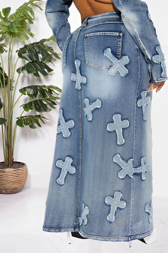 Sexy Denim Cross 2pc Jacket & Maxi Skirt Set