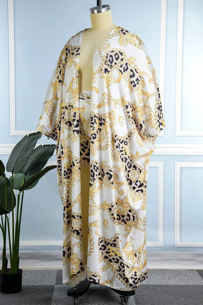 Sexy Yellow Abstract Print Kimono & Shorts Set